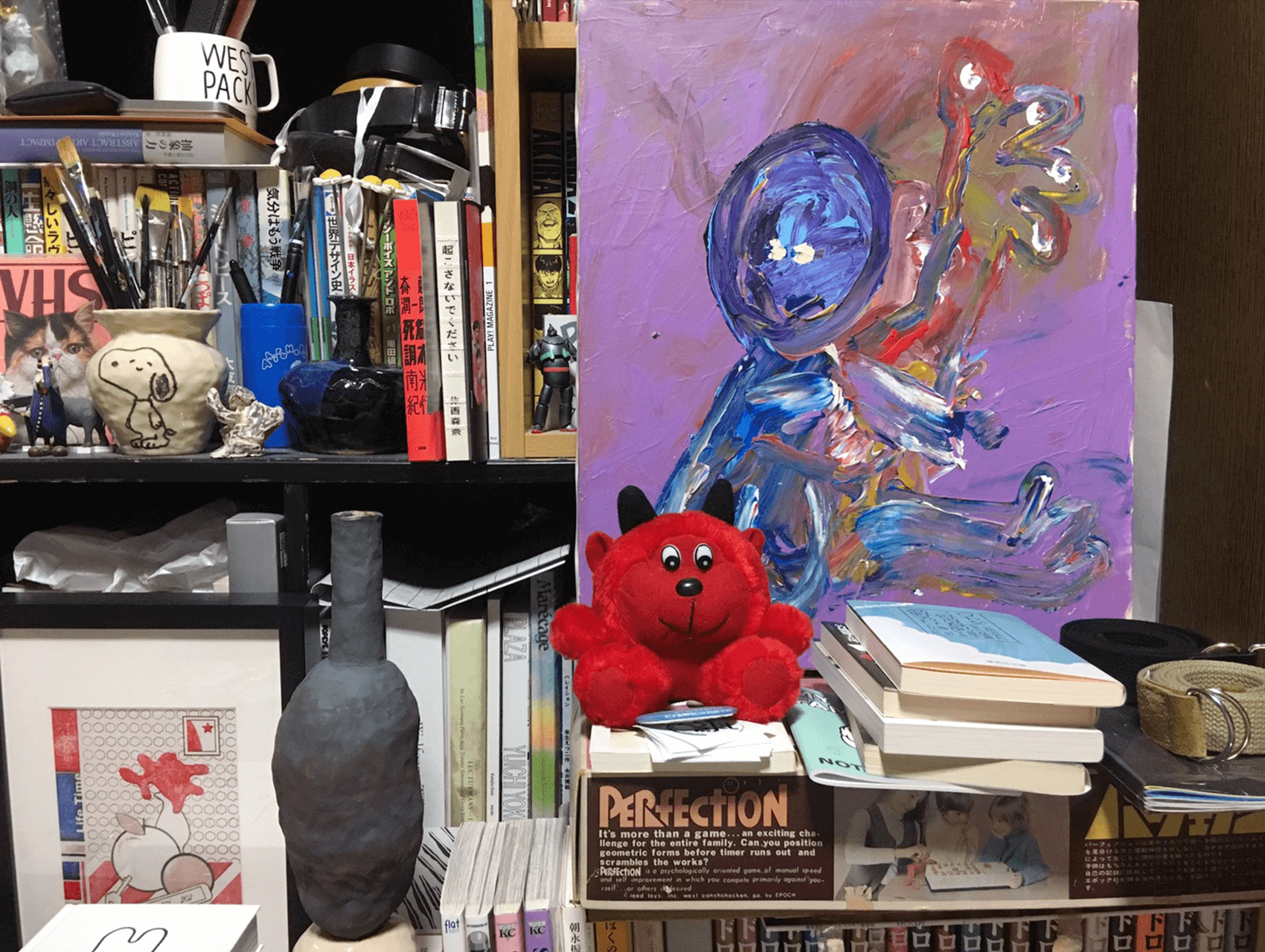 Top left, from left to right: Hamaguchi Ken, Tombo Sensei, my ceramics, vase and artificial flowers (itou), right: Nakamura Joji.